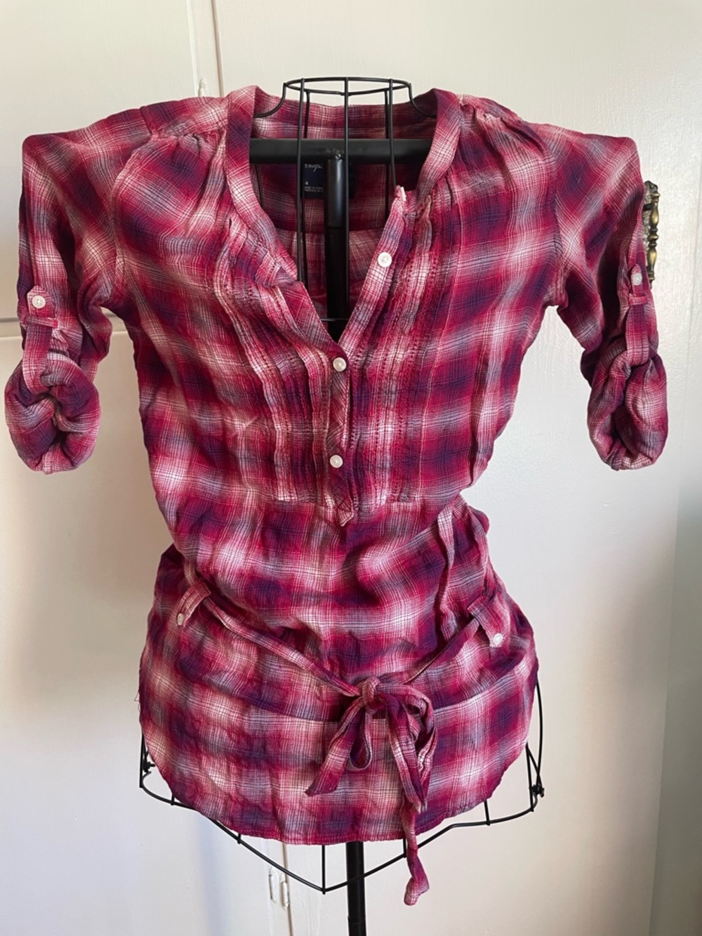 Women's  Pink Plaid Button-Front Tunic Top
